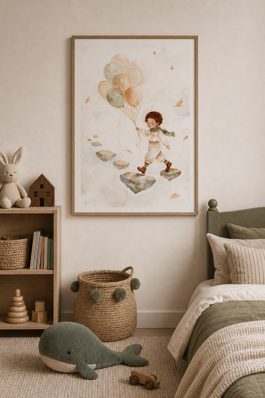 Hand-Painted Watercolor Art Print: Little Boy with Balloons | Digital Download