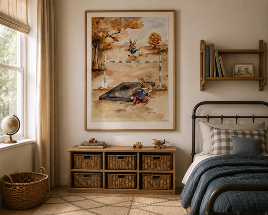 Hand-Painted Bunny Boys High Jump Watercolor Art Print - Digital Download