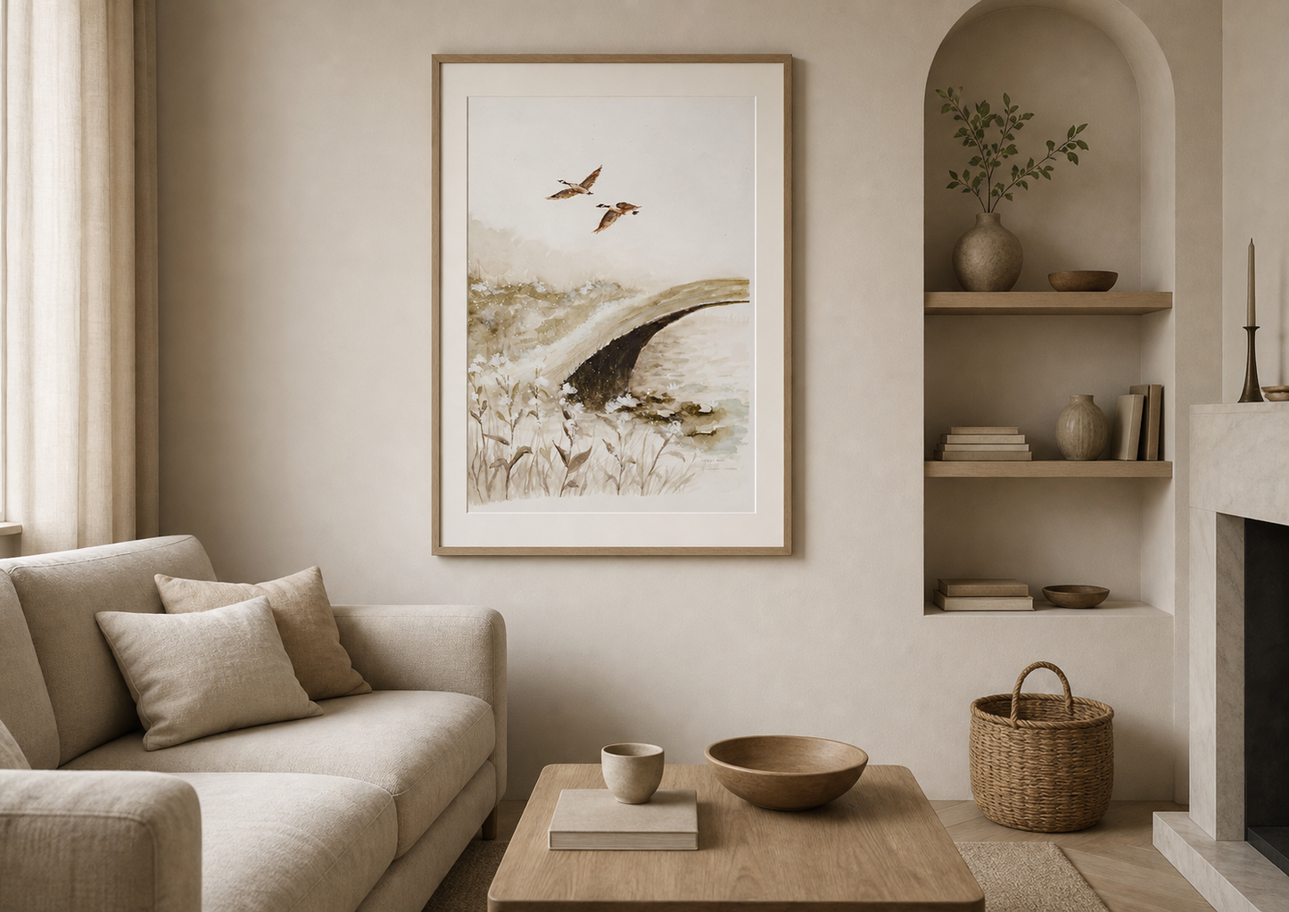 Canadian Geese Fine Art Print – Hand-Painted Watercolor Illustration of Geese Over Mossy Bridge
