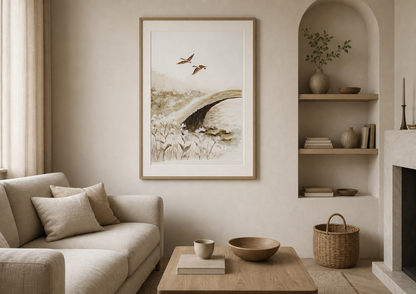 Canadian Geese Fine Art Print – Hand-Painted Watercolor Illustration of Geese Over Mossy Bridge