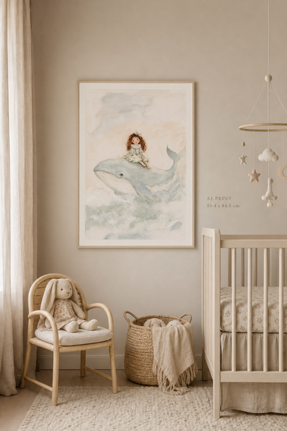 Hand-Painted Watercolor Art Print: Whimsical Whale | Digital Download