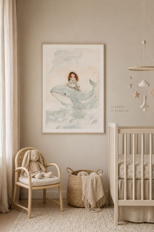 Hand-Painted Watercolor Art Print: Whimsical Whale | Digital Download