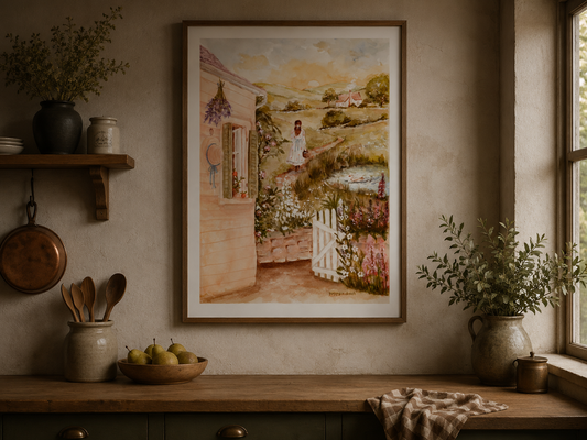 Hand-Painted Country Girl Watercolor Art Print - Digital Download, Cottage Landscape