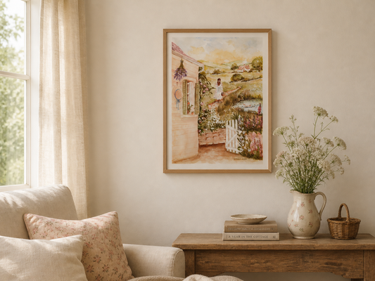 Hand-Painted Country Girl Watercolor Art Print - Fine Art Giclée Poster, Cottage Landscape