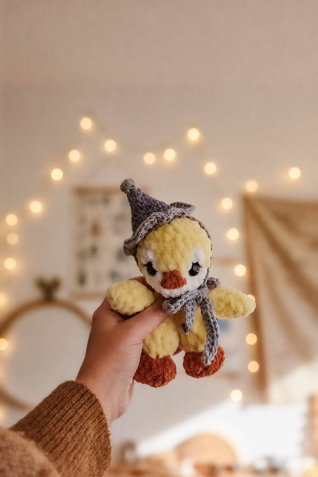 Handmade Crochet yellow mini penguin with blue party hat | Plushie | Pastel Collection