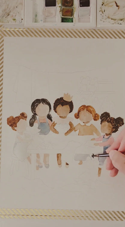 Hand-Painted Watercolor Art Print: Little Girls Sewing Mice in Cute Sewing Room | Fine Art Poster