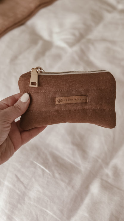 Brown linen Quilted Zipper Pouch | Coin & Treasure Purse