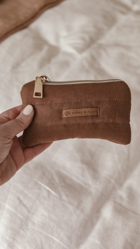 Brown linen Quilted Zipper Pouch | Coin & Treasure Purse