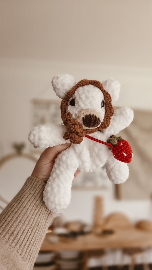 Handmade Crochet white bear with brown bonnet + strawberry bag | plushie