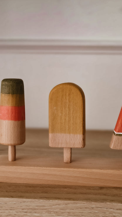 Vintage Wooden Ice Cream Play Set | 5 Piece Pretend Play Set with Stand