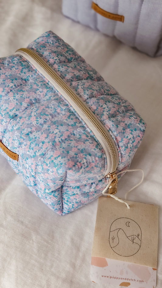Blue floral Boxy Zipper Bag – Mini Nappy Bag, Makeup & Travel Pouch with Inner Pocket