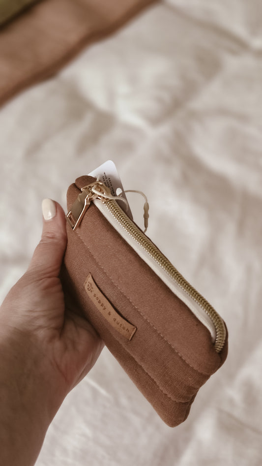 Brown linen Quilted Zipper Pouch | Coin & Treasure Purse