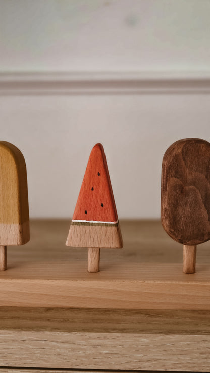 Vintage Wooden Ice Cream Play Set | 5 Piece Pretend Play Set with Stand