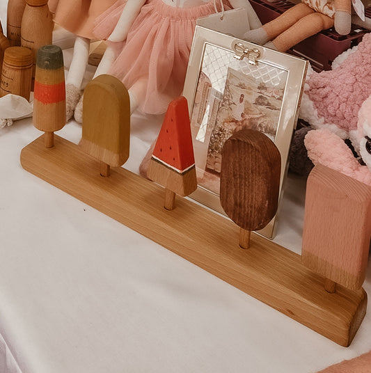 Vintage Wooden Ice Cream Play Set | 5 Piece Pretend Play Set with Stand
