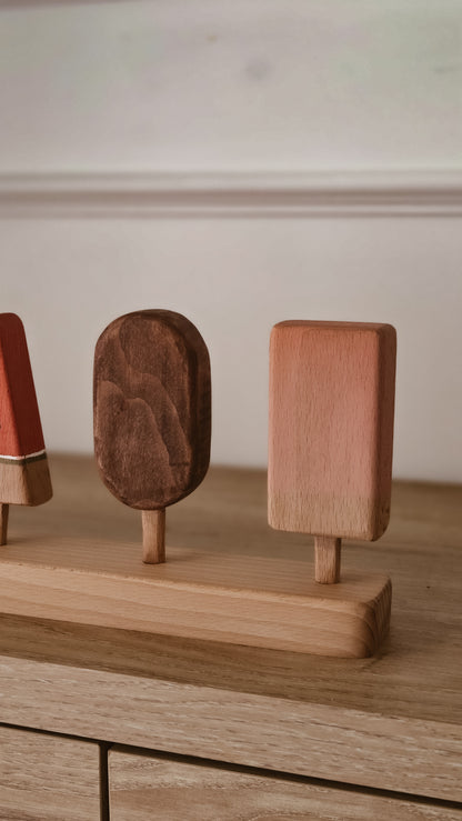 Vintage Wooden Ice Cream Play Set | 5 Piece Pretend Play Set with Stand