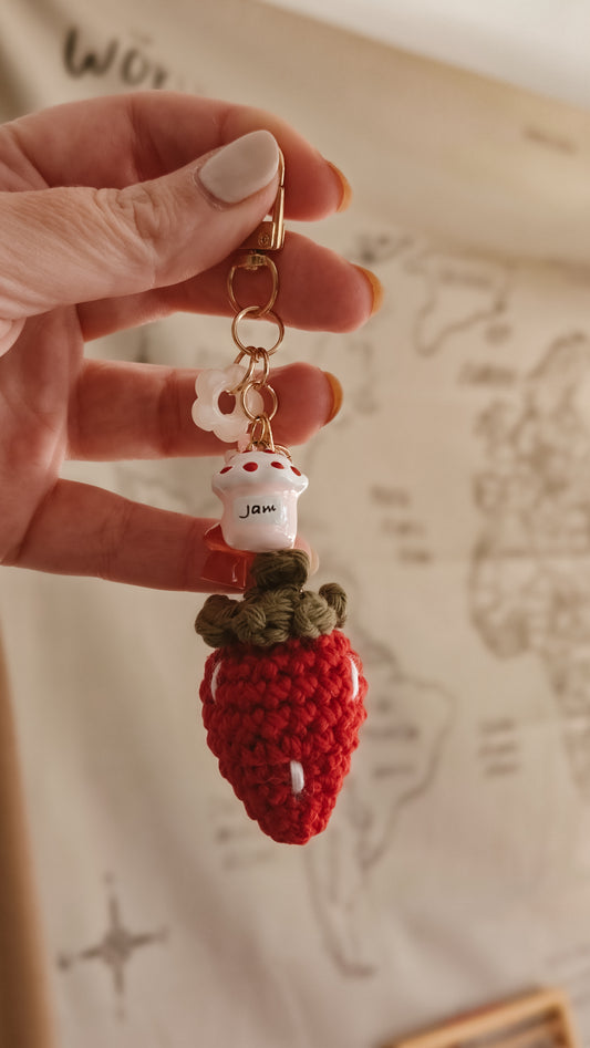 Handmade Crochet Strawberry Jam Keychain