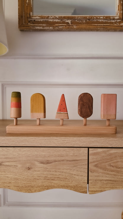 Vintage Wooden Ice Cream Play Set | 5 Piece Pretend Play Set with Stand