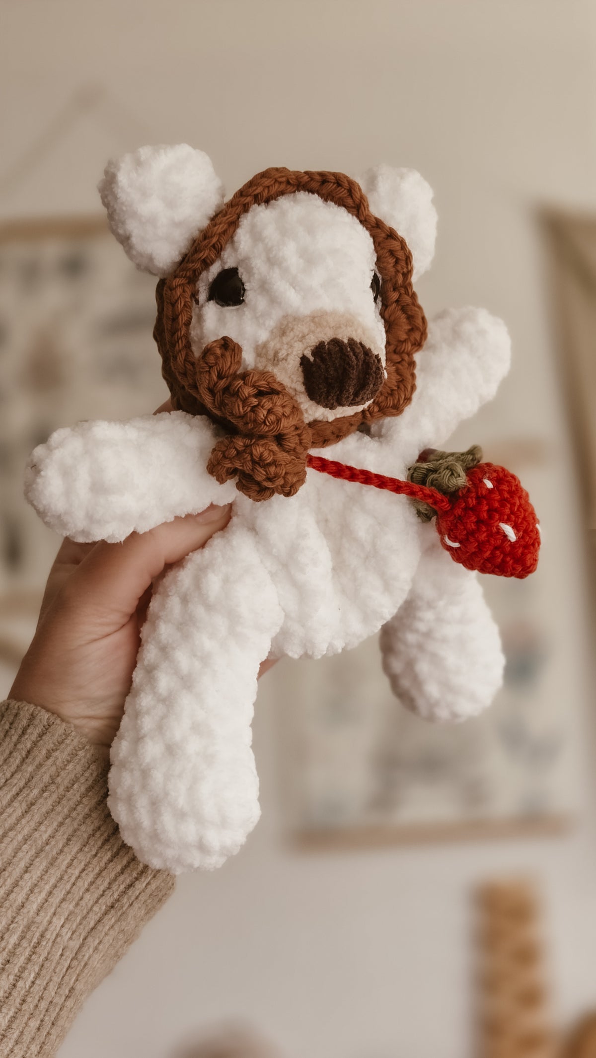 Handmade Crochet white bear with brown bonnet + strawberry bag | plushie