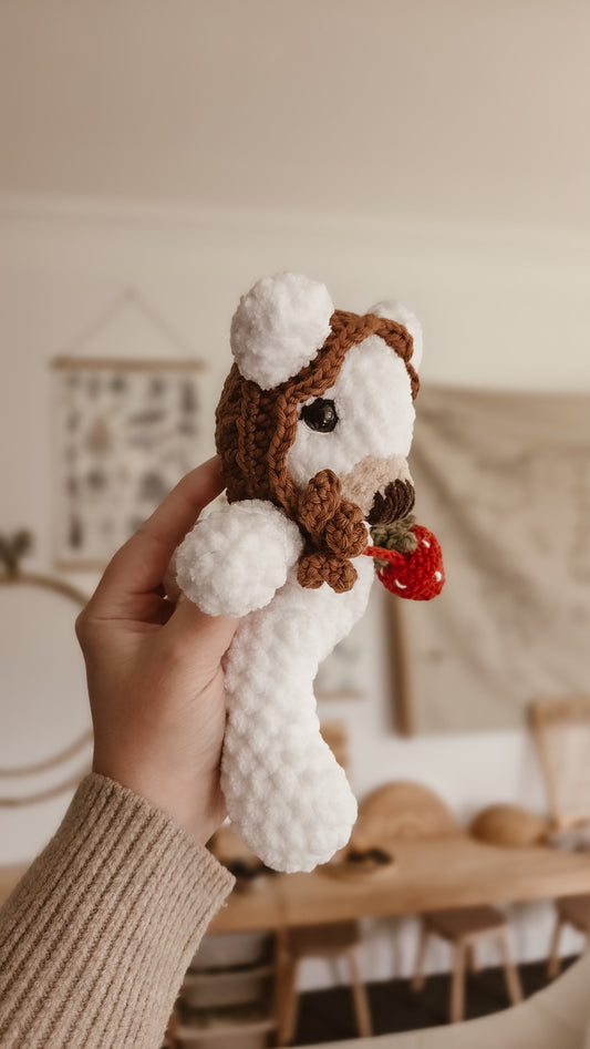 Handmade Crochet white bear with brown bonnet + strawberry bag | plushie