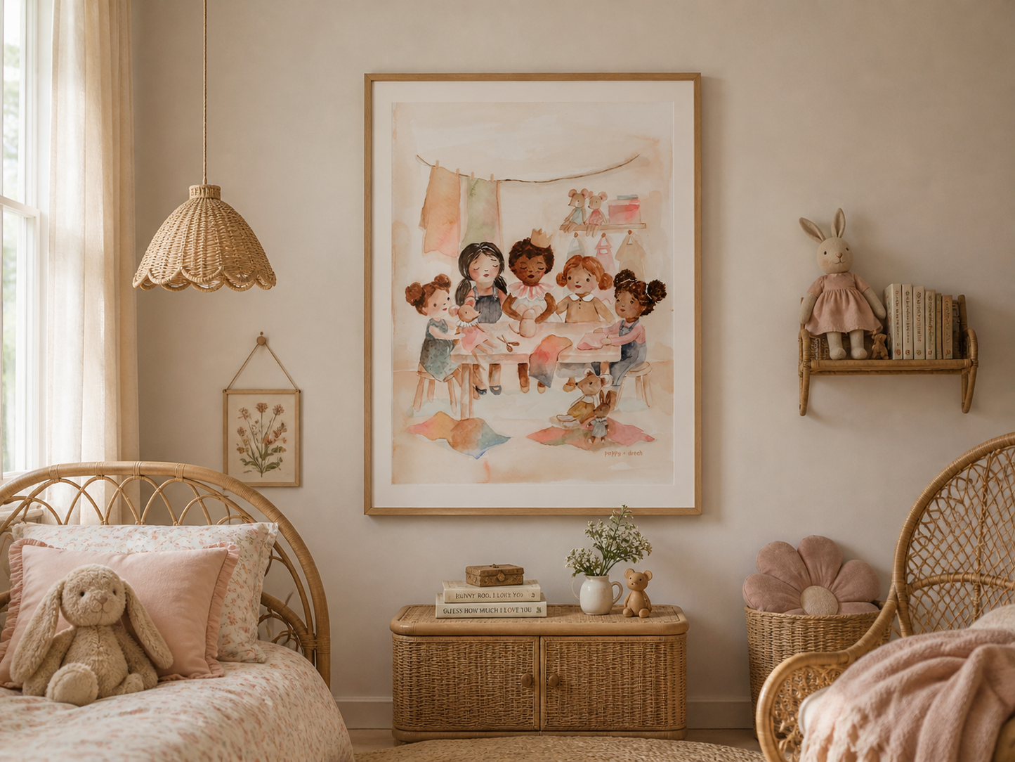 Hand-Painted Watercolor Art Print: Little Girls Sewing Mice in Cute Sewing Room | Fine Art Poster