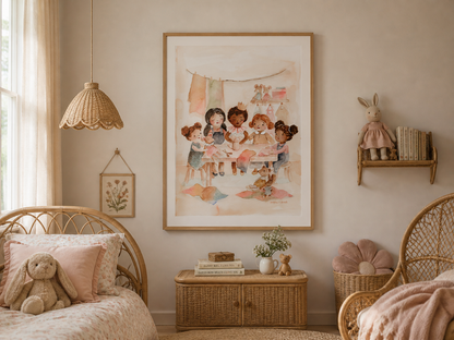 Hand-Painted Watercolor Art Print: Little Girls Sewing Mice in Cute Sewing Room | Fine Art Poster